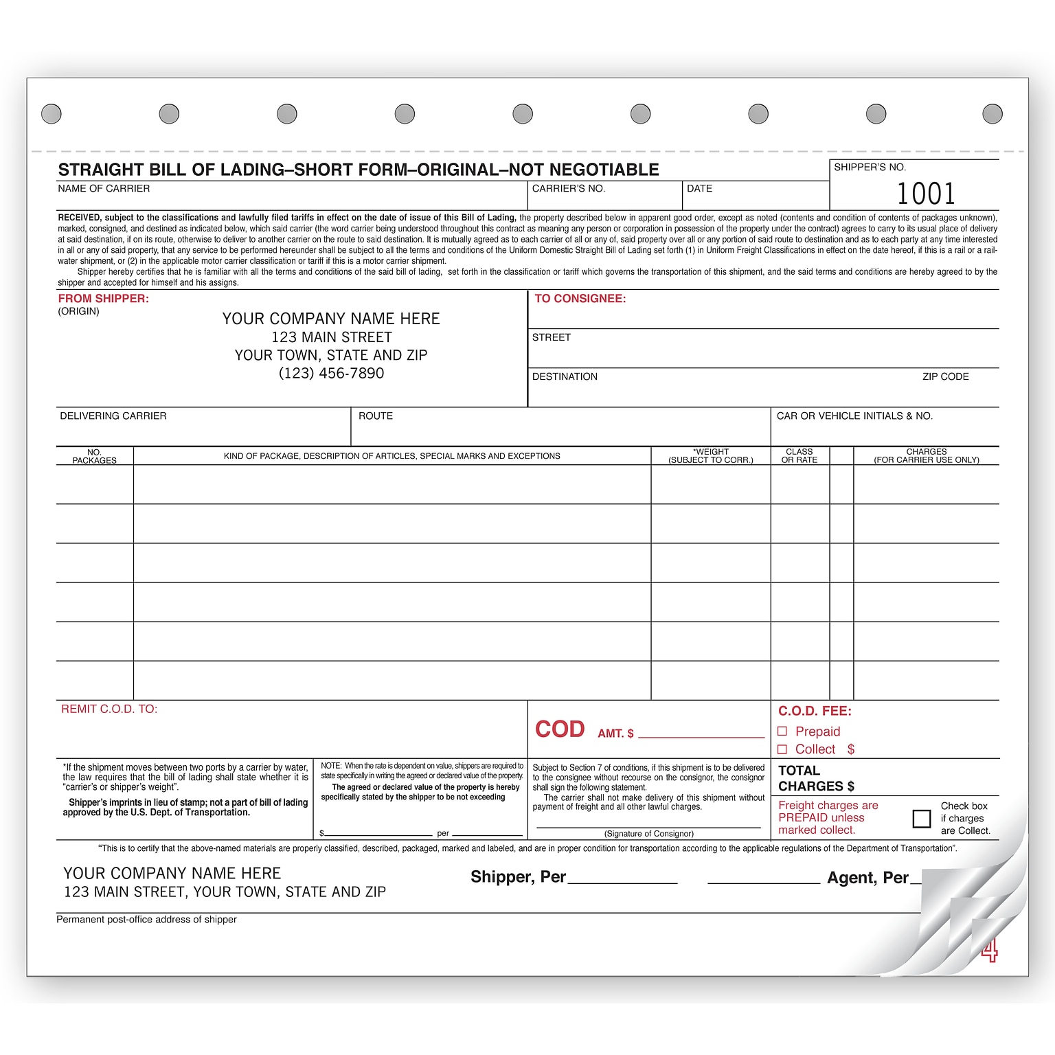 Custom Bills of Lading - Small Carbonless, 4 Parts, 1 Color Printing, 8 1/2 x 7, 250/Pack