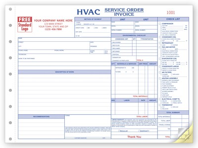 Custom HVAC Service Orders - Side-Stub, 3 Parts, 1 Color Printing, 11 X 8 1/2 ,500/Pack