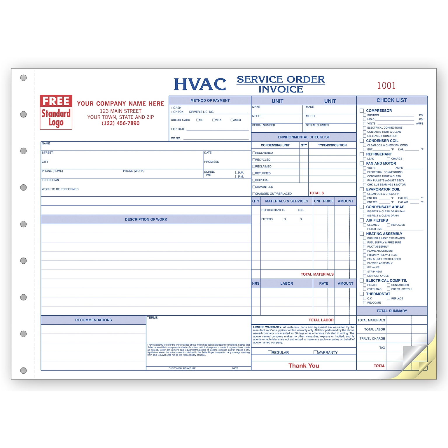 Custom HVAC Service Orders - Side-Stub, 3 Parts, 1 Color Printing, 11 X 8 1/2 ,500/Pack