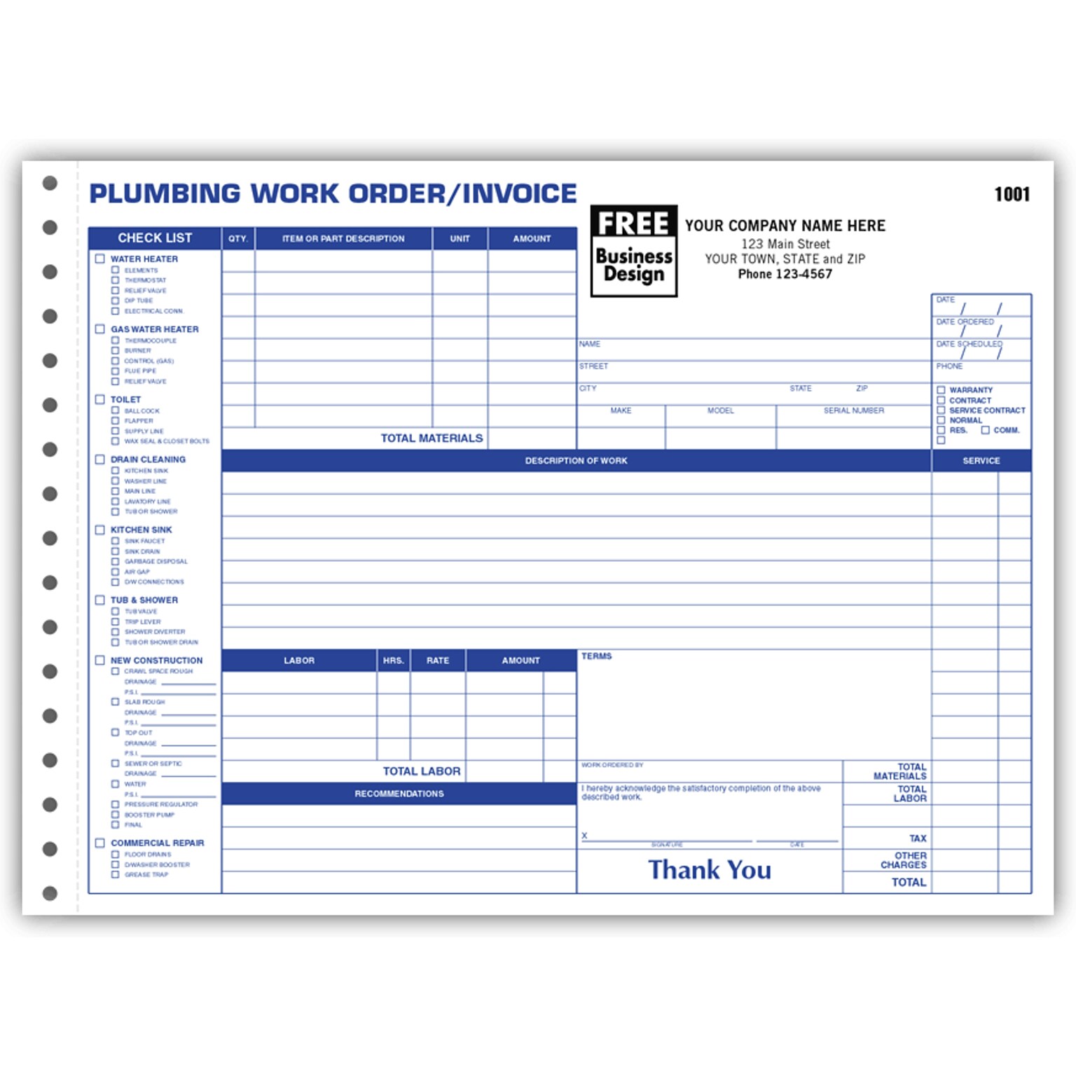 Custom Plumbing Work Orders - Side-Stub, 3 Parts, 1 Color Printing, 11 X 8 1/2 ,500/Pack