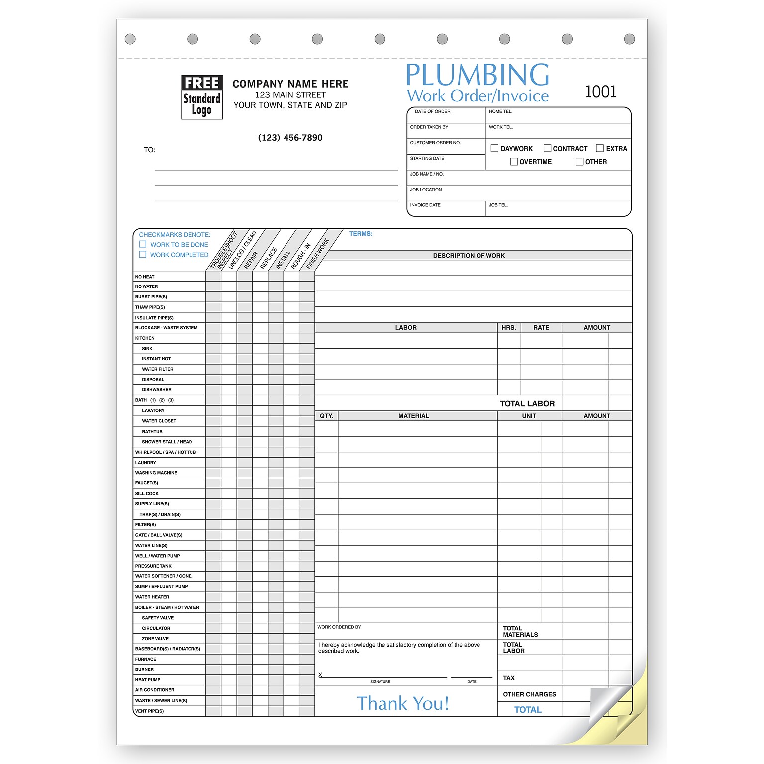 Custom Plumbing Invoice - Invoice with Checklist, 3 Parts, 1 Color Printing, 8 1/2 X 11 ,500/Pack