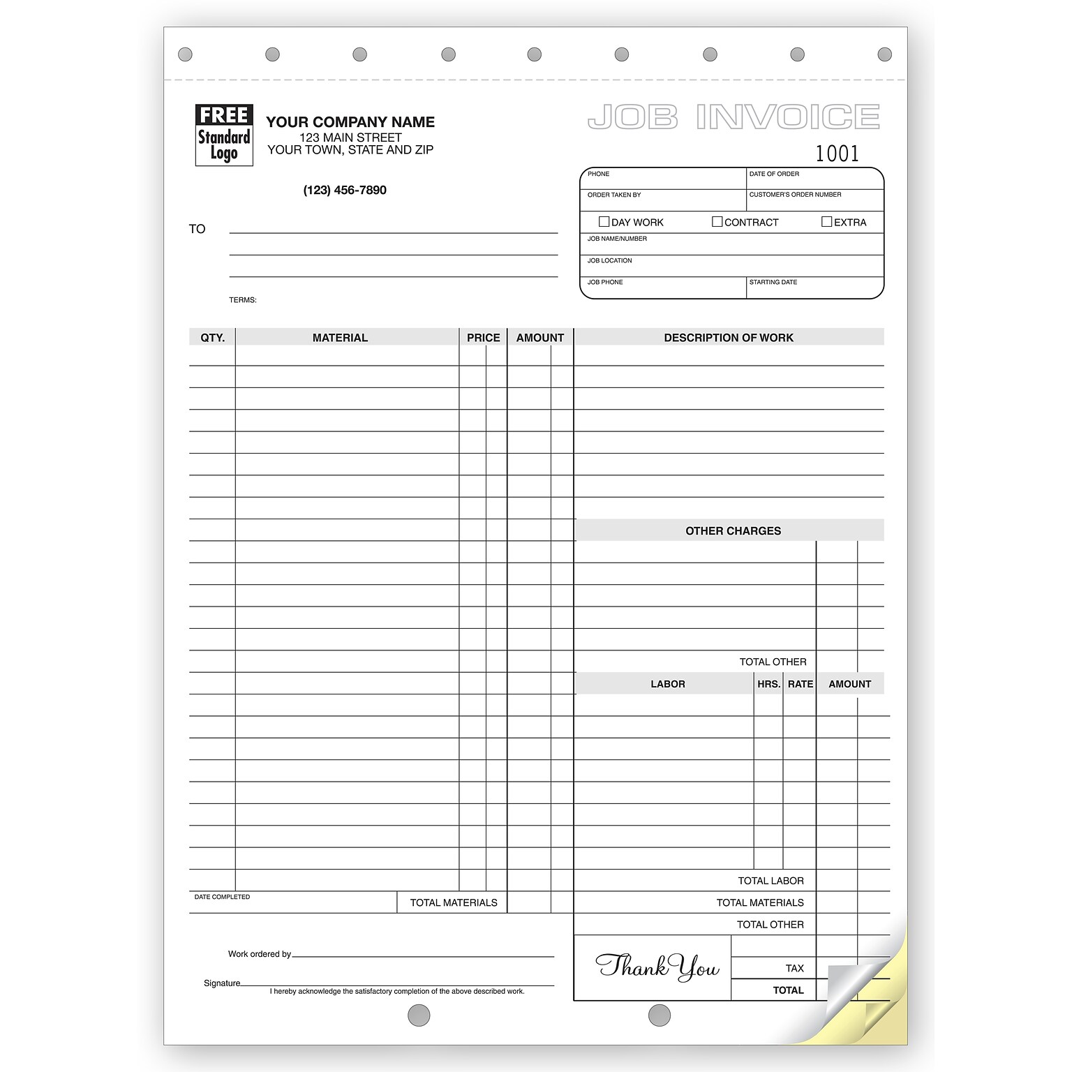 Custom Work Orders, Carbonless, Large Format, 3 Parts, 1 Color Printing, 8 1/2 X 11 ,250/Pack