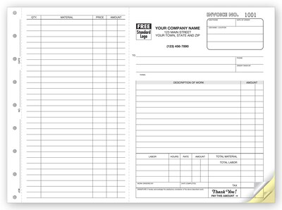 Custom Work Orders, Side-Stub, Carbonless, Large Format, 3 Parts, 1 Color Printing, 11 X 8 1/2 ,25