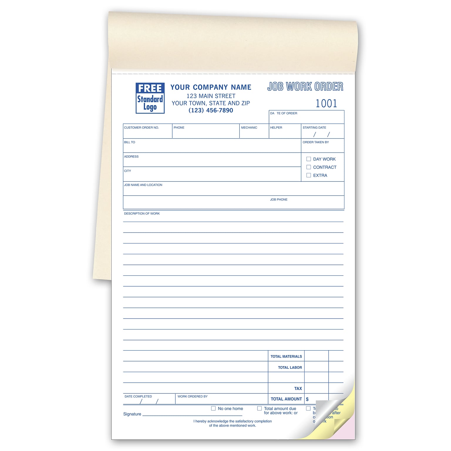 Custom Job Work Orders, Booked, 3 Parts, 1 Color Printing, 5 x 8, 500/Pack