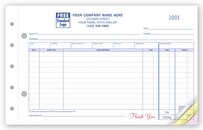 Custom Auto Parts Sales Order - Small with Side-Stub 3 Parts,  1 Color Printing, 8 1/2 x 5 2/3,500