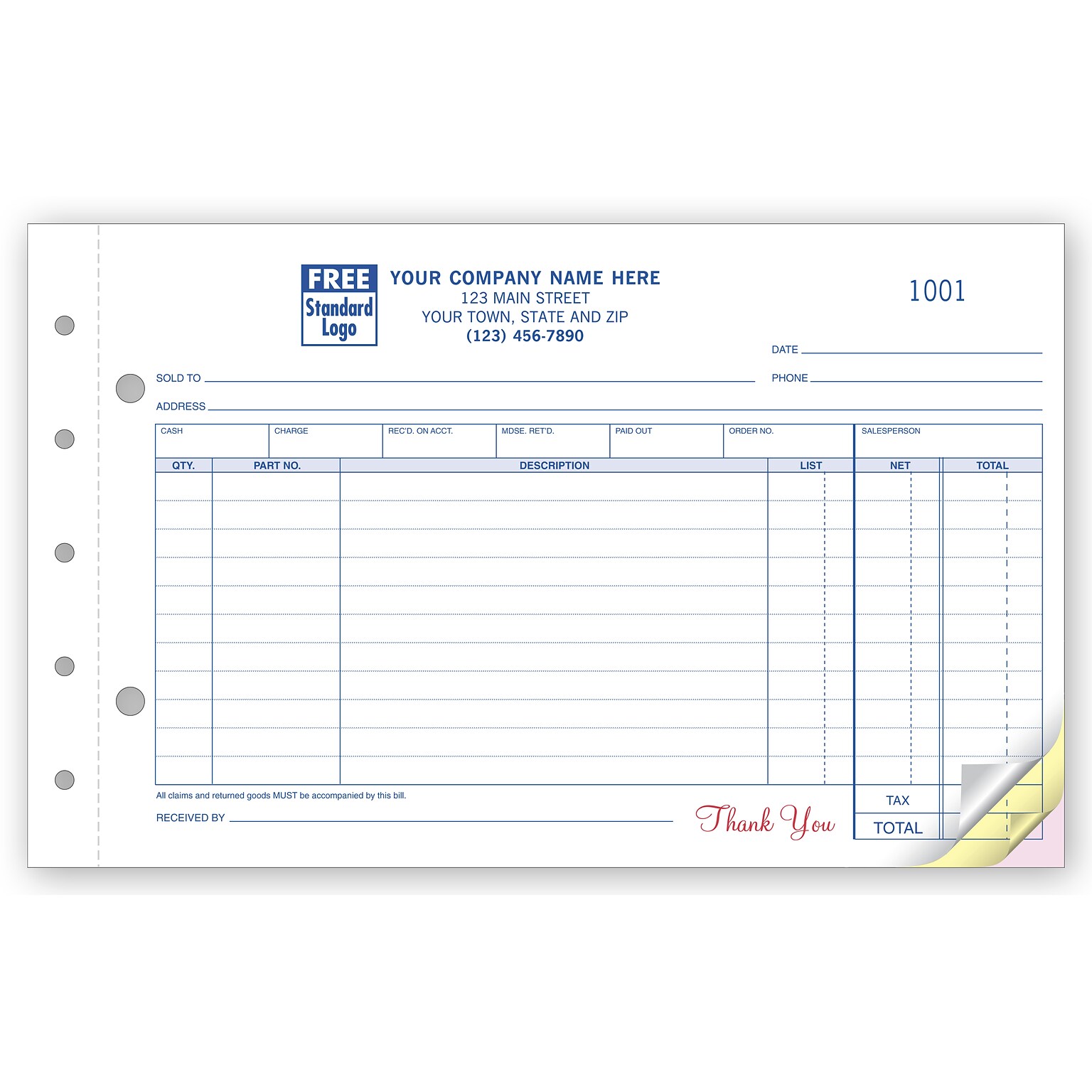 Custom Auto Parts Sales Order - Small with Side-Stub 3 Parts,  1 Color Printing, 8 1/2 x 5 2/3,500/Pack