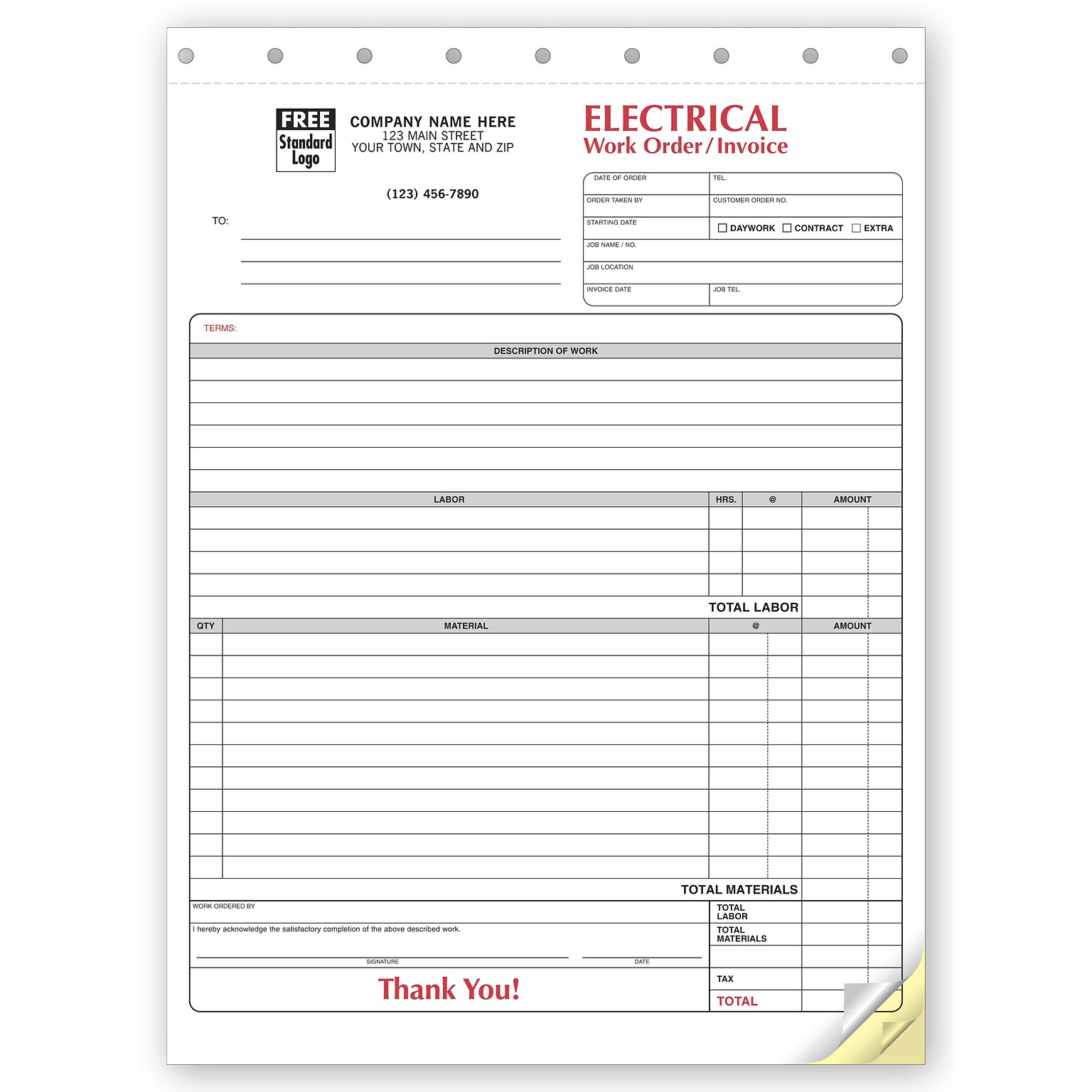 Custom Electrical Forms - Work Orders, 3 Parts, 1 Color Printing, 8 1/2 X 11 ,500/Pk