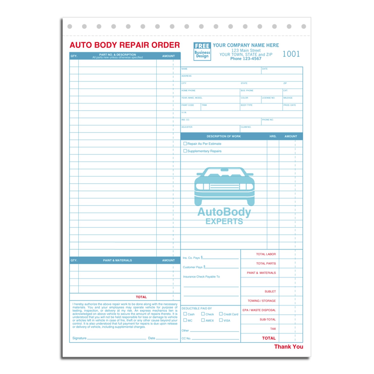 Custom Auto Body Repair Orders, 3 Parts, 1 Color Printing, 8 1/2 X 11 ,250/Pack