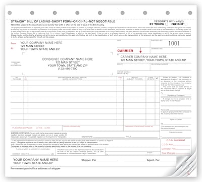 Custom Bills of Lading - Small Carbonless, 3 Parts, 1 Color Printing, 8 1/2 x 7, 250/Pack