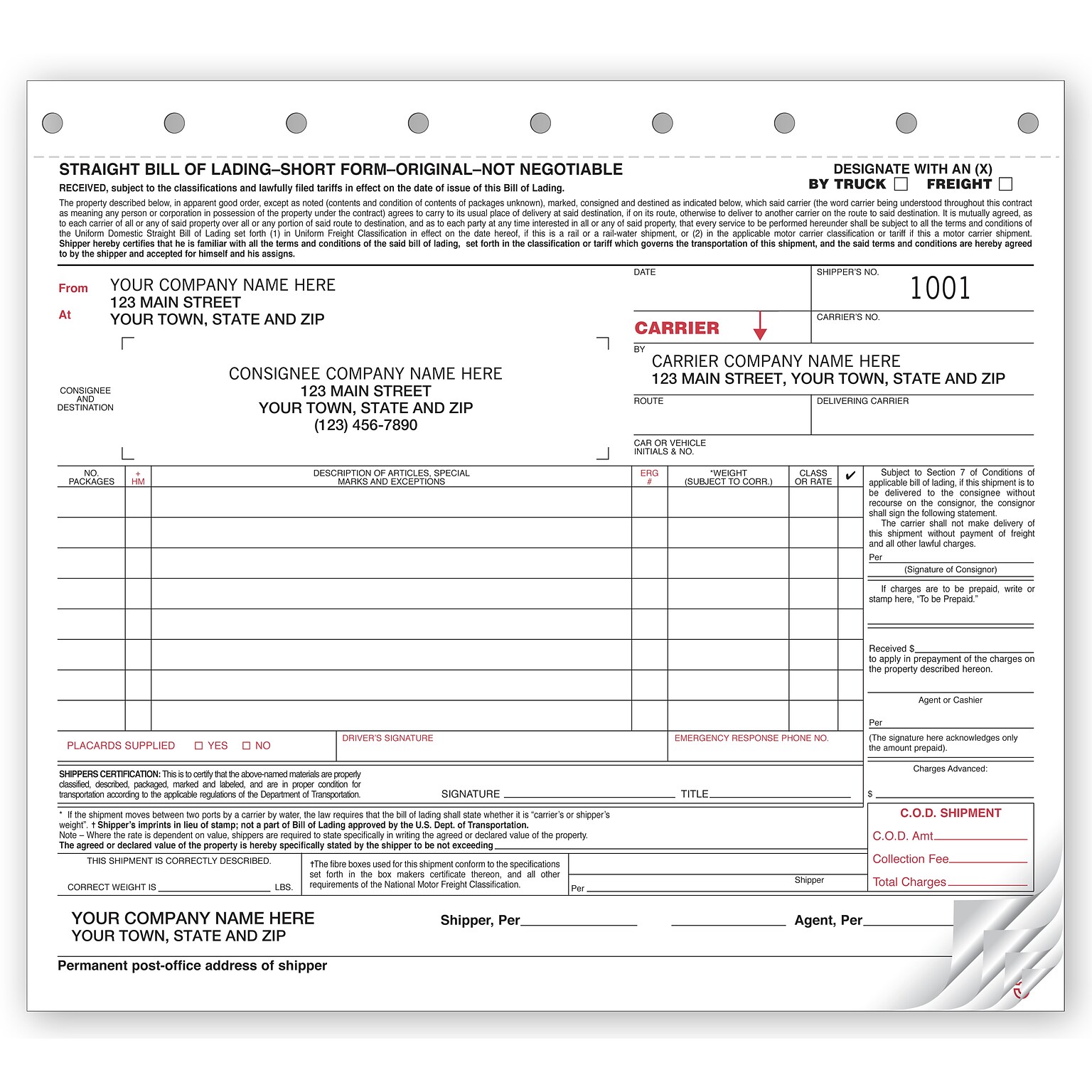 Custom Bills of Lading - Small Carbonless, 3 Parts, 1 Color Printing, 8 1/2 x 7, 250/Pack