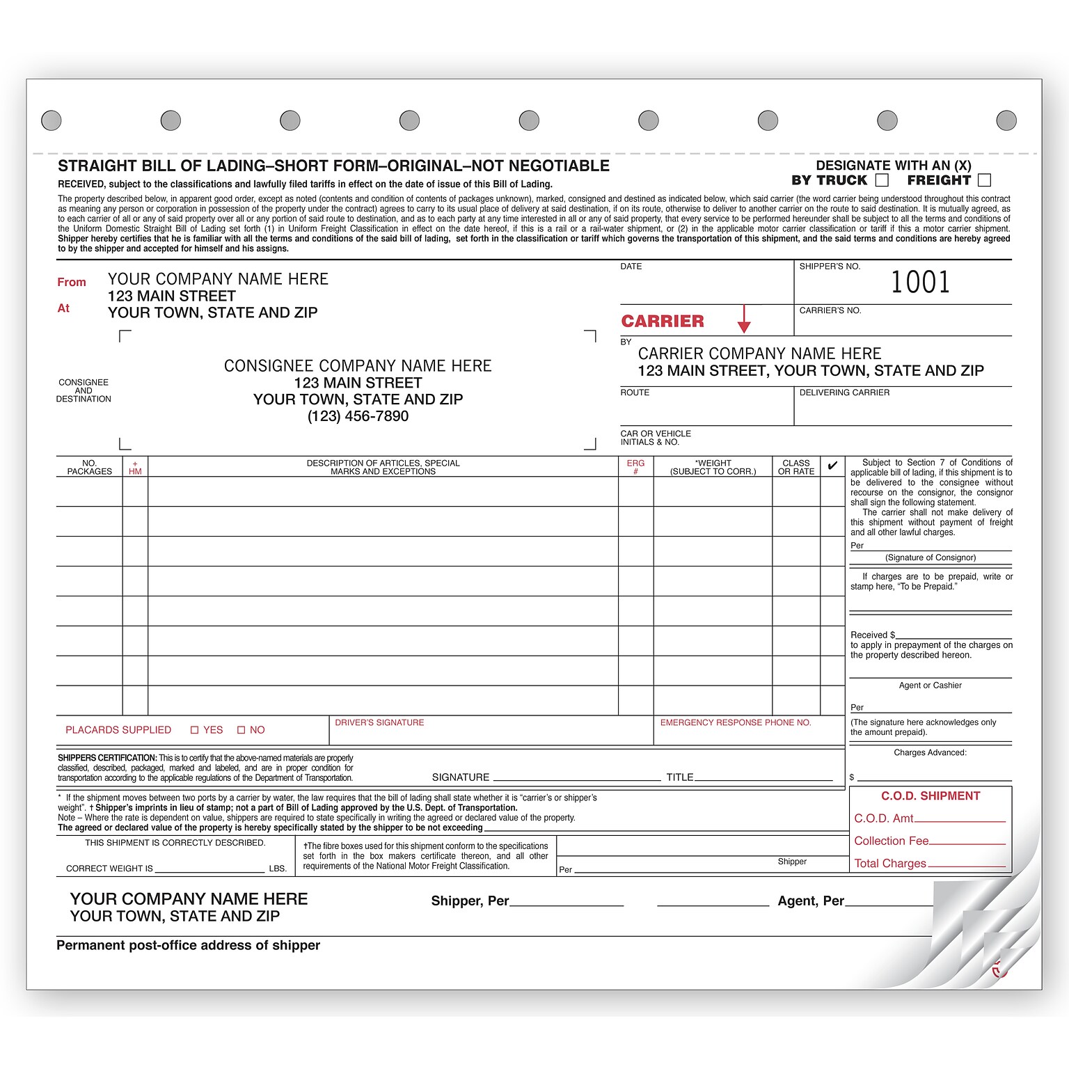 Custom Bills of Lading - Small Carbonless, 4 Parts, 1 Color Printing, 8 1/2 x 7, 250/Pack