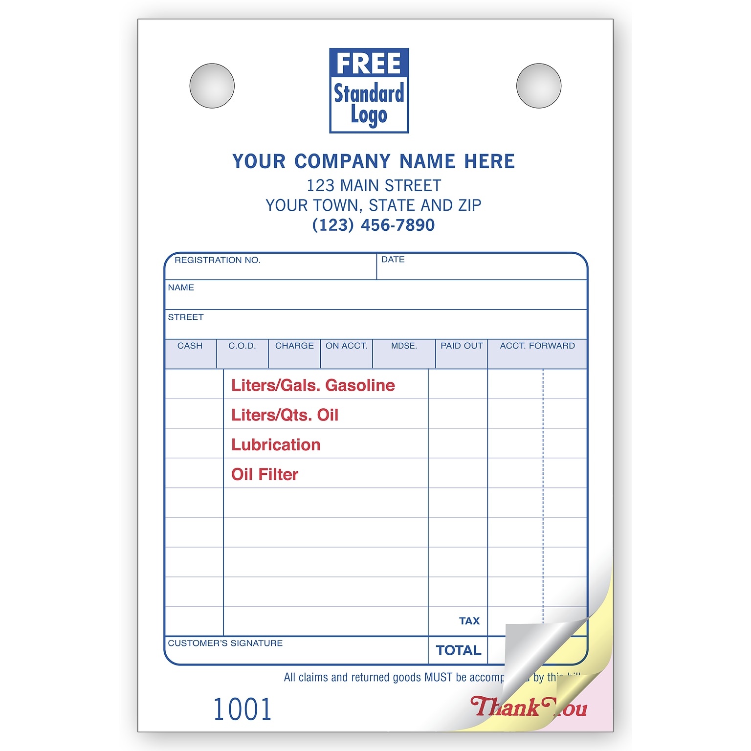 Custom Service Station Register Form, Classic Design,  Small Format, 2 Parts, 1 Color Printing, 4 x 6, 500/Pack
