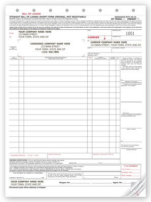 Custom Bill of Lading - Large Carbonless, 3 Parts, 1 Color Printing, 8 1/2 X 11 ,250/Pack