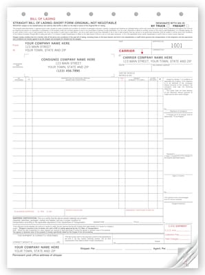 Custom Bill of Lading - Large Carbonless, 3 Parts, 1 Color Printing, 8 1/2 X 11 ,250/Pack