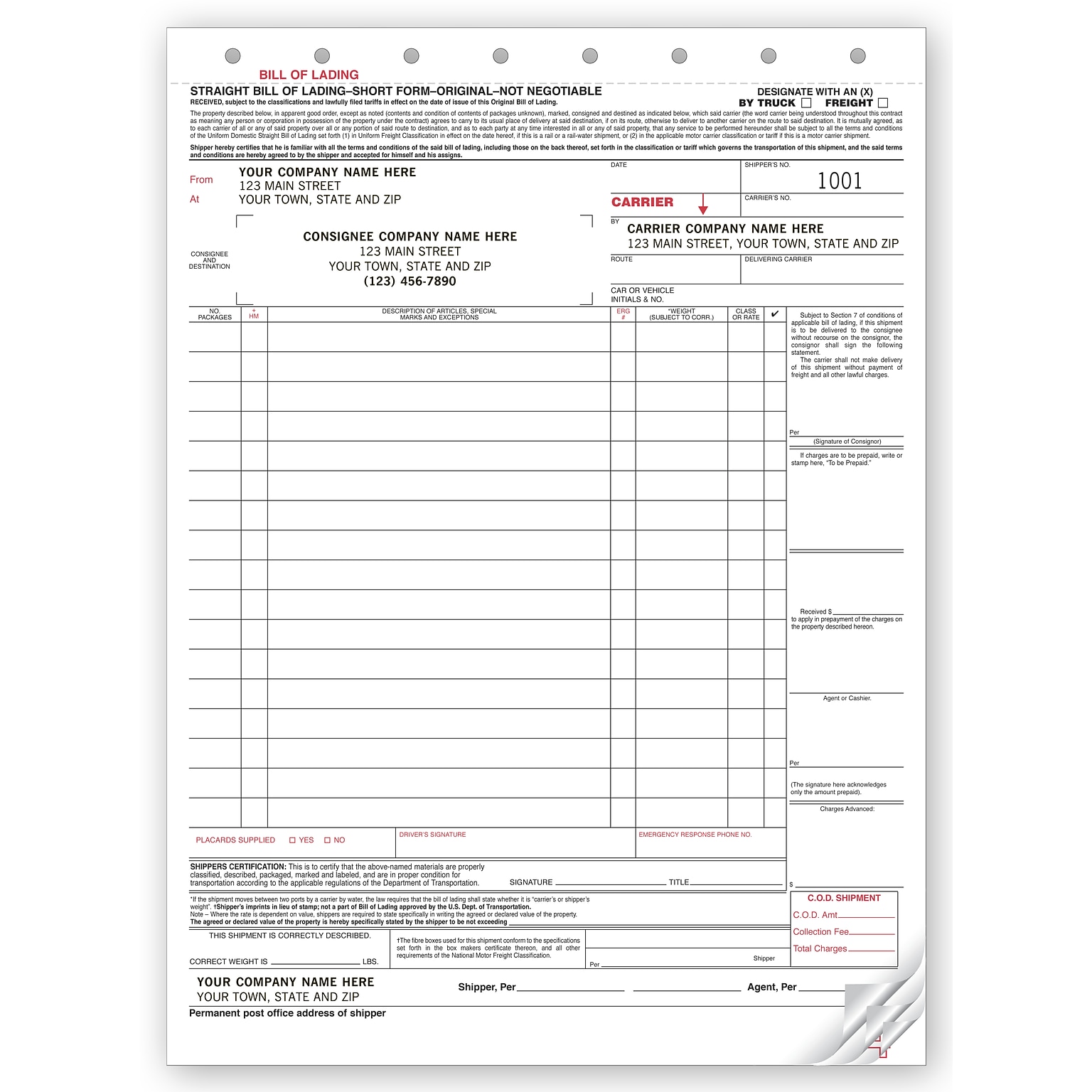 Custom Bill of Lading - Large Carbonless, 4 Parts, 1 Color Printing, 8 1/2 X 11 ,250/Pack