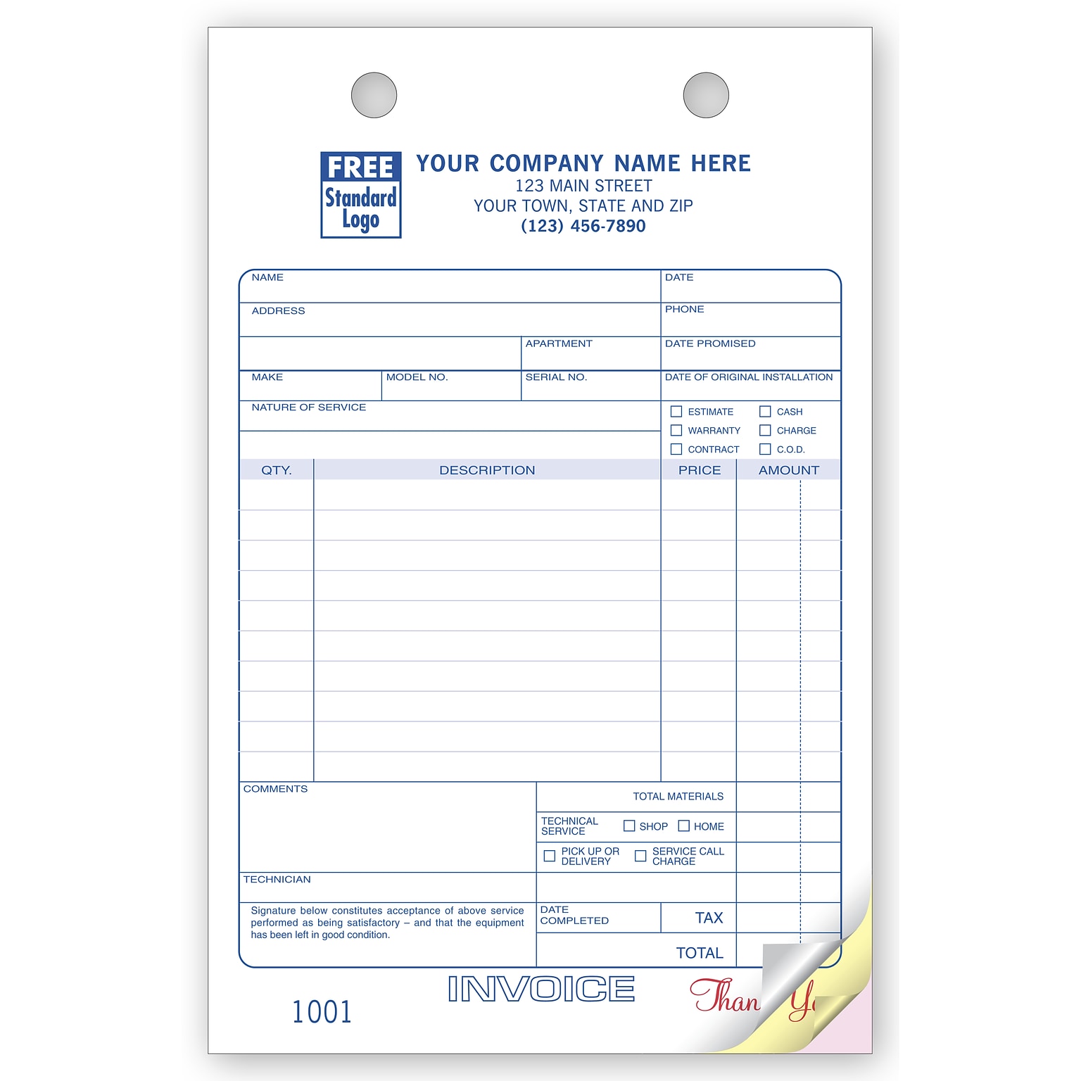 Custom Service Order Register Form, Classic Design, Large Format, 2 Parts, 1 Color Printing, 5 1/2 x 8 1/2, 500/Pack
