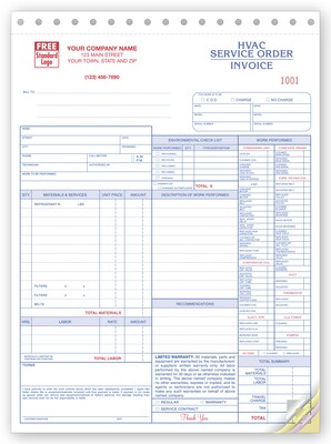 Custom Service Orders, HVAC, w/Checklist, Large Format, 3 Parts, 1 Color Printing, 8 1/2 X 11 ,500