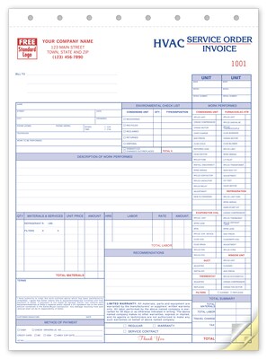 Custom Service Orders, HVAC, w/Checklist, Large Format, 3 Parts, 1 Color Printing, 8 1/2 X 11 ,500