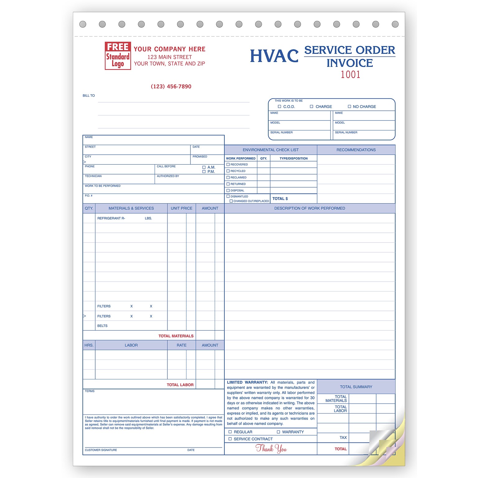 Custom Service Orders, HVAC, Large Format, 4 Parts, 1 Color Printing, 8 1/2 X 11 ,500/Pack
