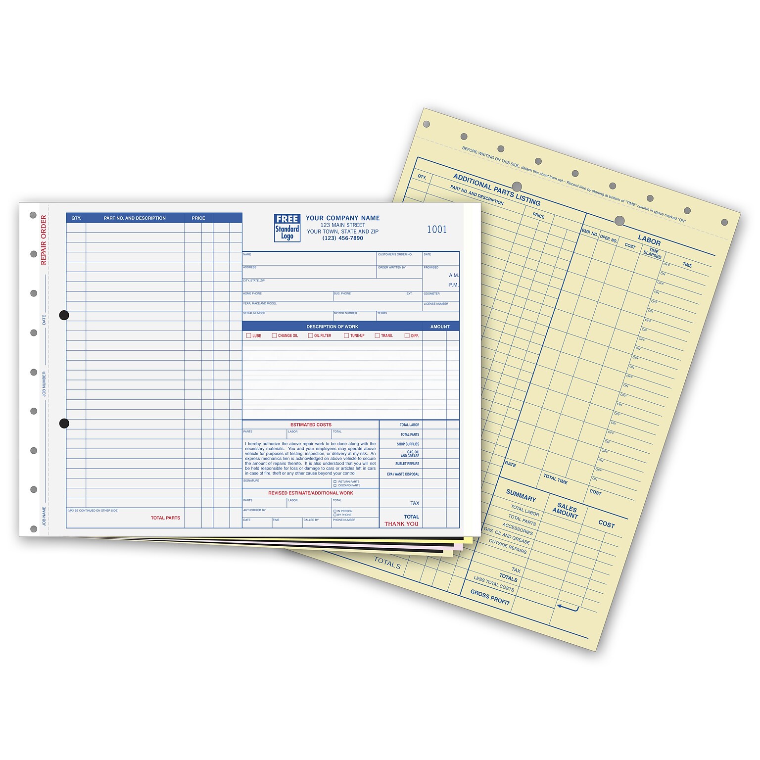 Custom Garage Repair Orders - Large with Side-Stub and Carbons, 4 Parts, 1 Color Printing, 11 X 8 1/2 ,500/Pack
