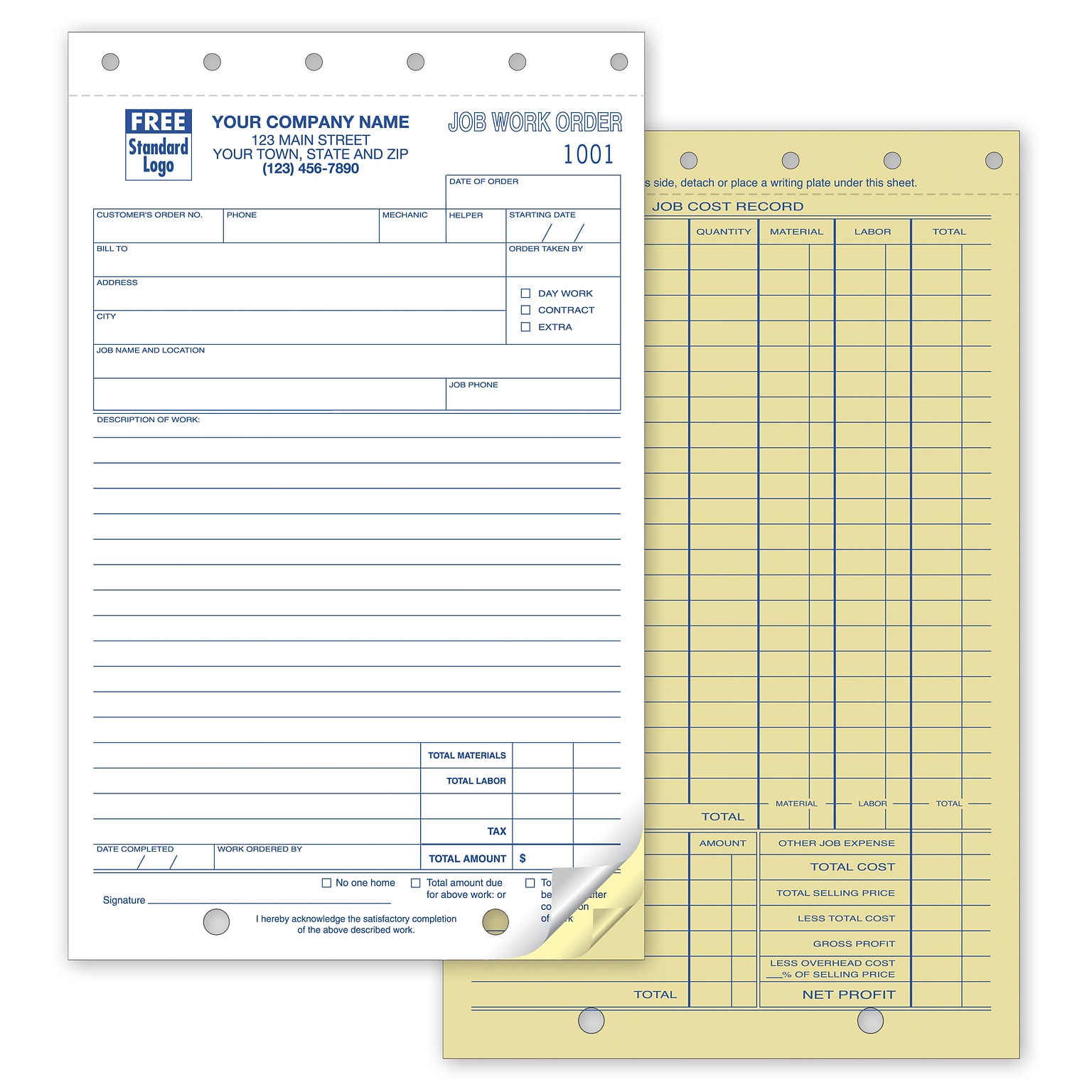 Custom Work Orders, Job, Carbonless, Small Format 3 Parts,  1 Color Printing, 5 2/3 x 8 1/2, 500/Pack