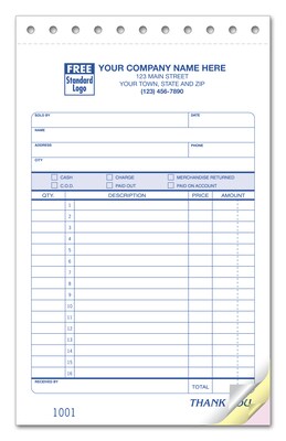 Custom Sales Slips, Classic Design, Large Format 2 Parts,  1 Color Printing, 5 2/3 x 8 1/2, 500/Pa