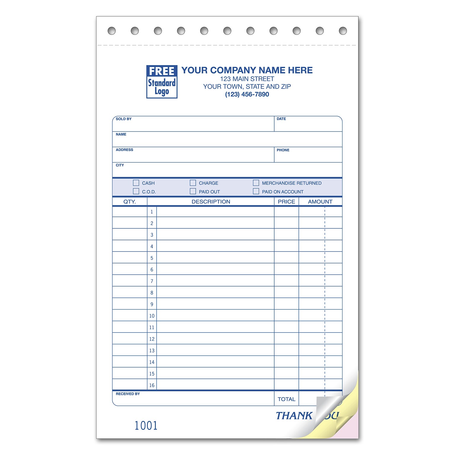 Custom Sales Slips, Classic Design, Large Format 3 Parts,  1 Color Printing, 5 2/3 x 8 1/2, 500/Pack