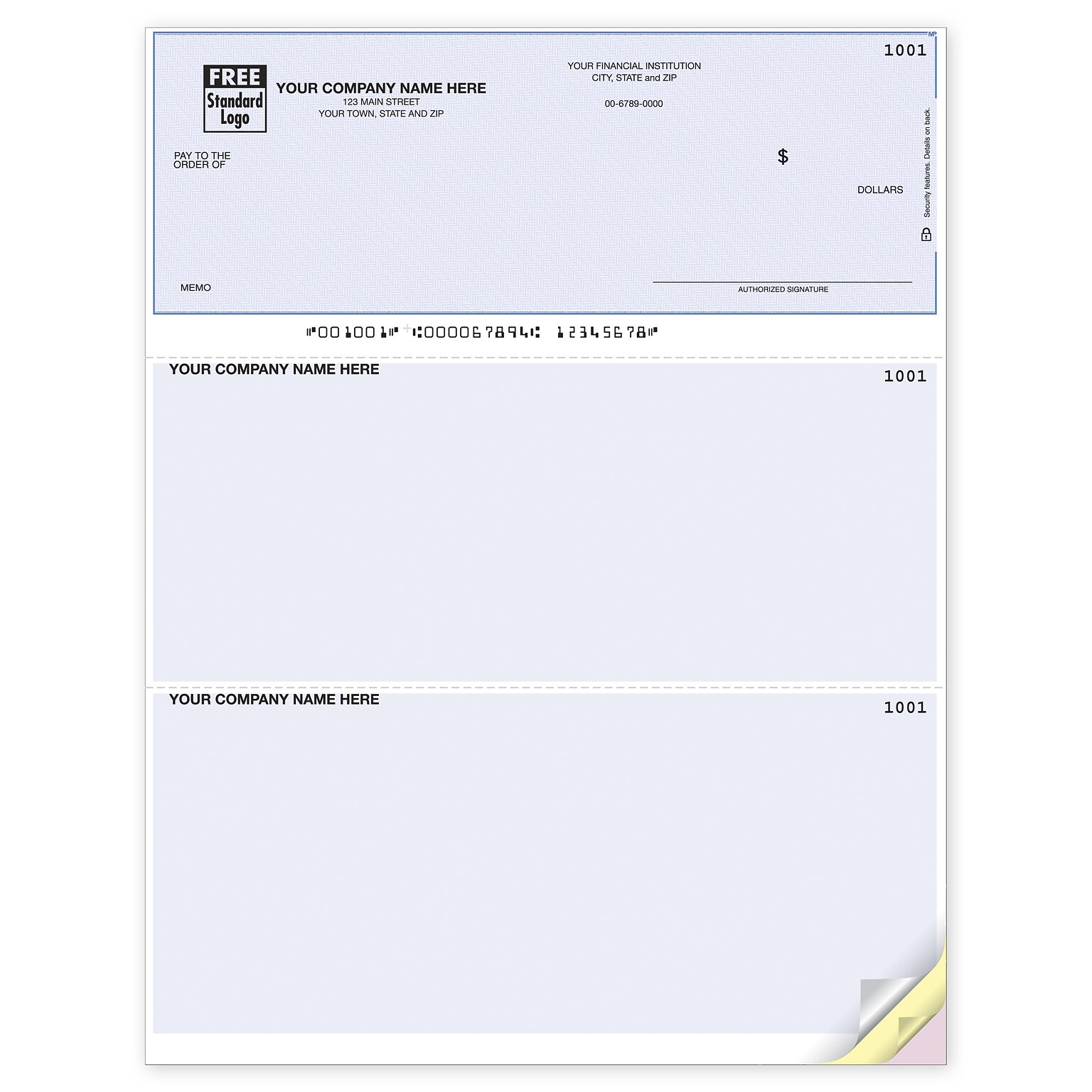 Custom Laser Top Checks, Unlined, 3 Ply / Triplicate Copy, 1 Color Printing, Standard Check Color, 8-1/2 x 11, 500/Pk