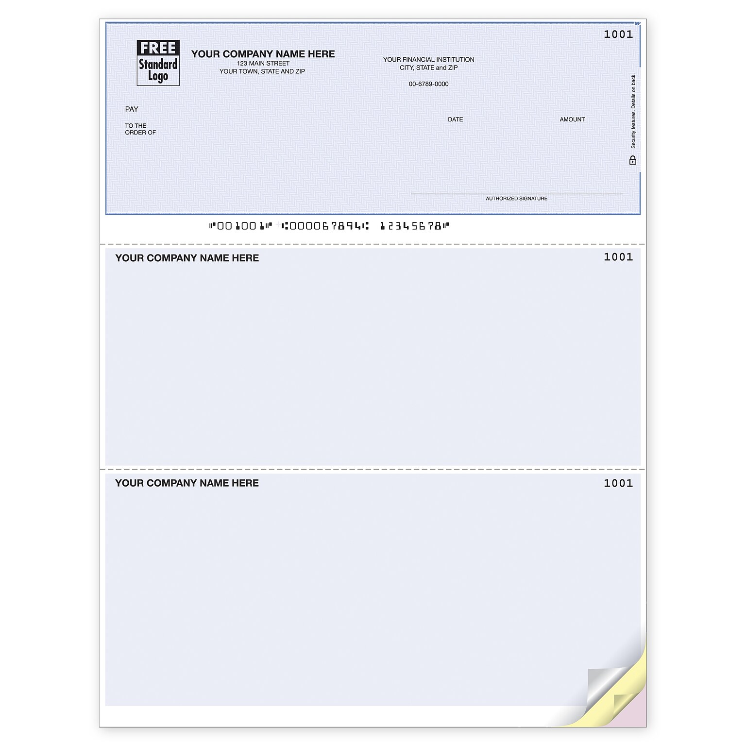 Custom Laser Top Checks, Cmptble with MYOB and More, 3 Ply/Triplicate, 1 Clr Printing, Standard Check Clr, 8-1/2 x 11, 500/Pk