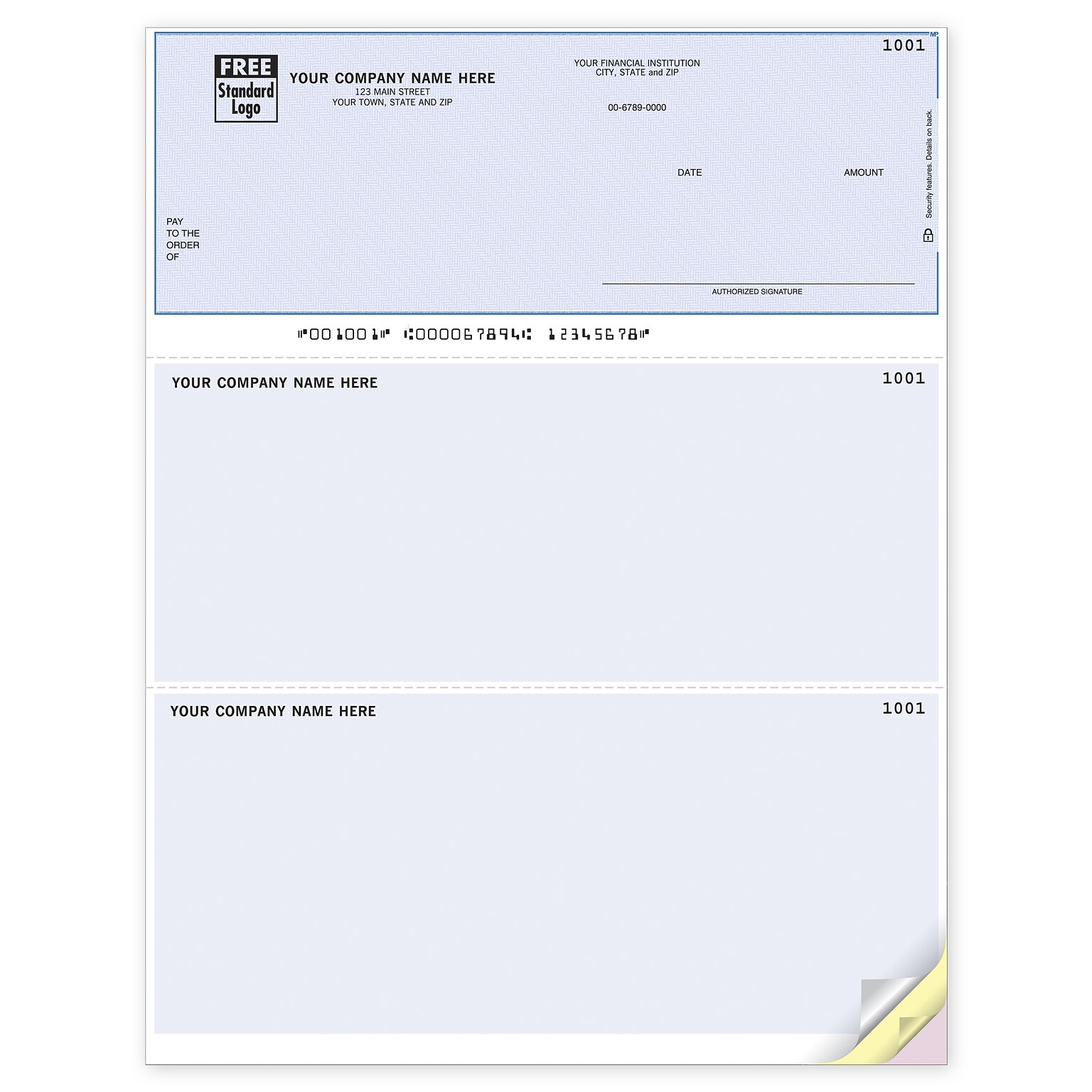 Custom Laser Top Checks, Cmptble w/ Open Systems & More, 3 Ply/Triplicate, 2 Clr Printing, Prem Check Designs, 8-1/2x11, 500/Pk