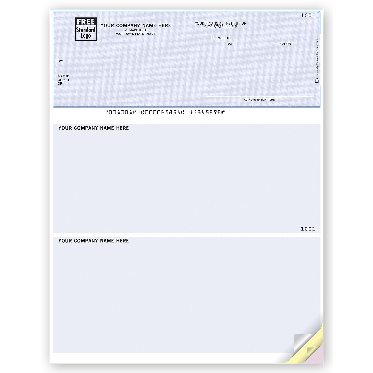 Custom Laser Top Checks, Multi-Purpose, 3 Ply/Triplicate, 2 Color Printing, Prem Check Designs, 8-1/2 x 11, 500/Pk