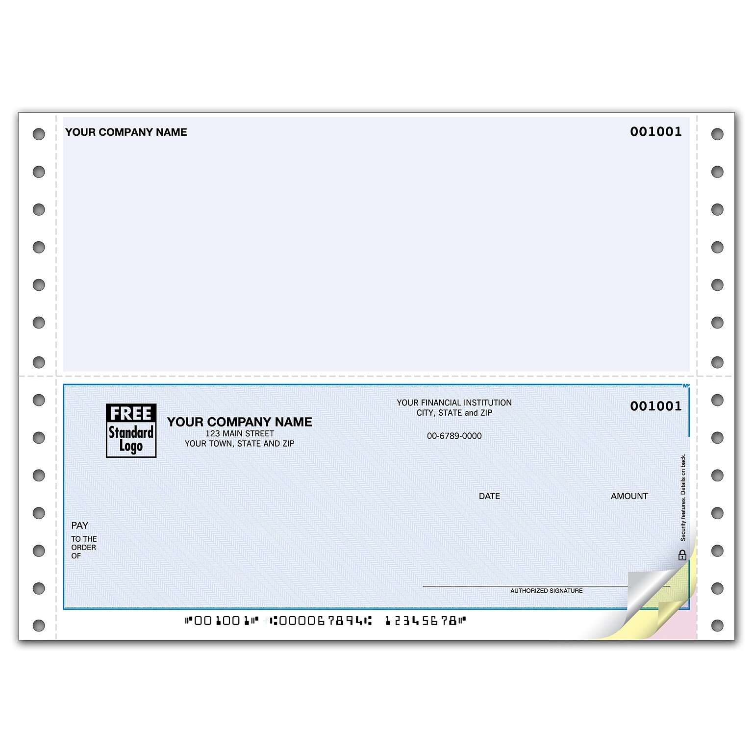 Custom Continuous Bottom Multi Purpose Check, 3 Ply/Triplicate, 1 Color Printing, Standard Check Color, 9-1/2 x 7, 500/Pk