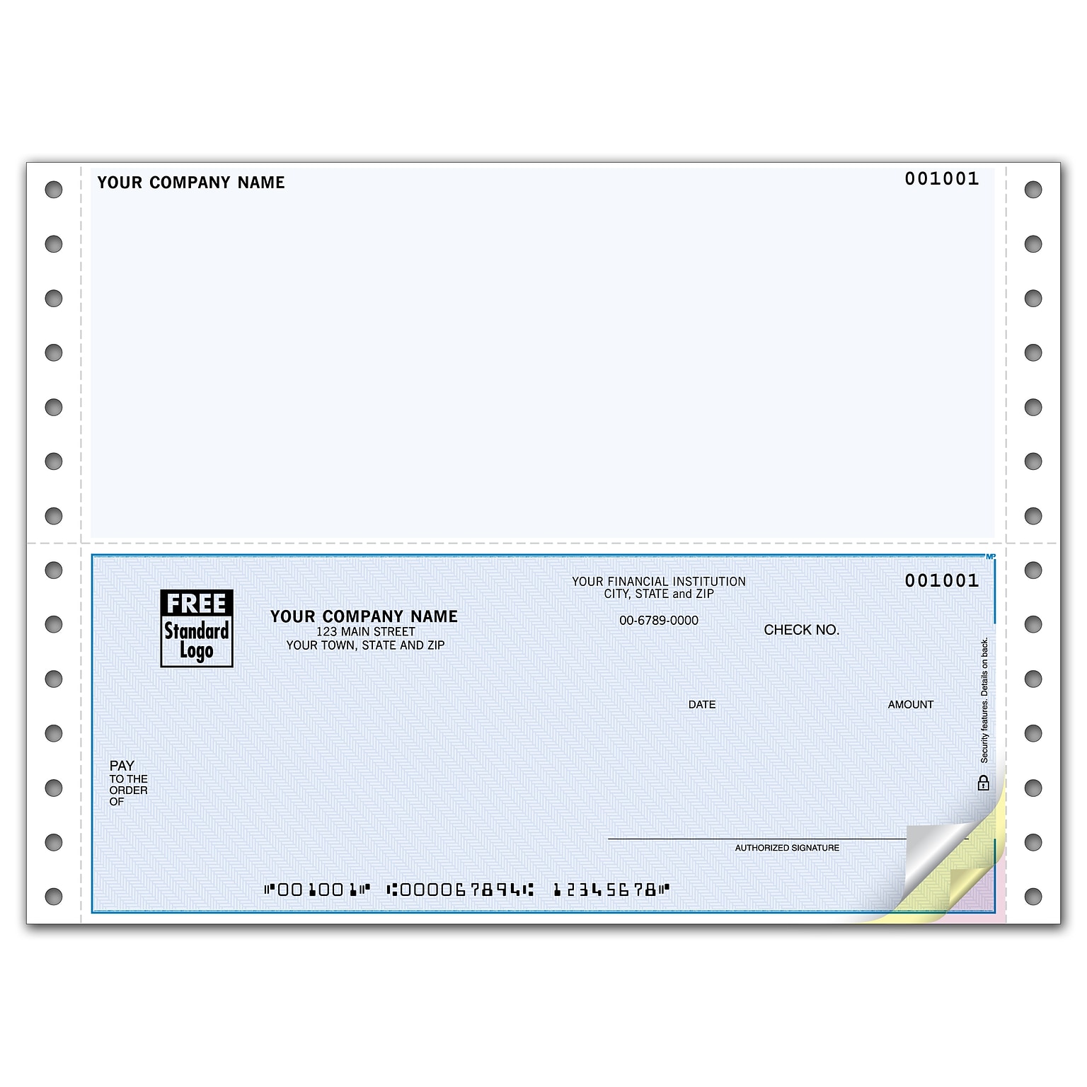 Custom Continuous Check, Cmptble with MAS, Sage, 3 Ply/Triplicate, 1 Color Printing, Standard Check Color, 9-1/2 x 7, 500/Pk