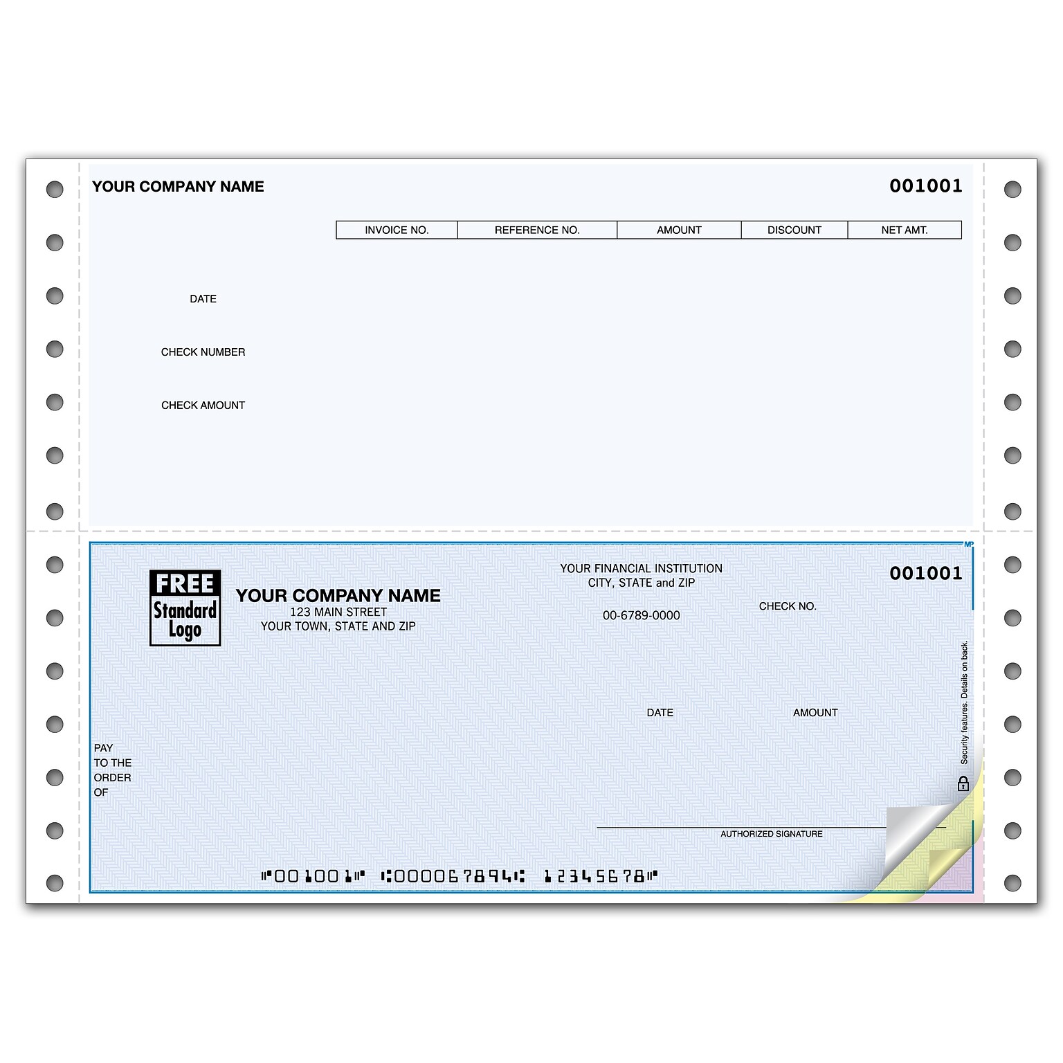 Custom Continuous Bottom Accounts Payable Check, 3 Ply/Triplicate, 1 Color Printing, Standard Check Color, 9-1/2 x 7, 500/Pk