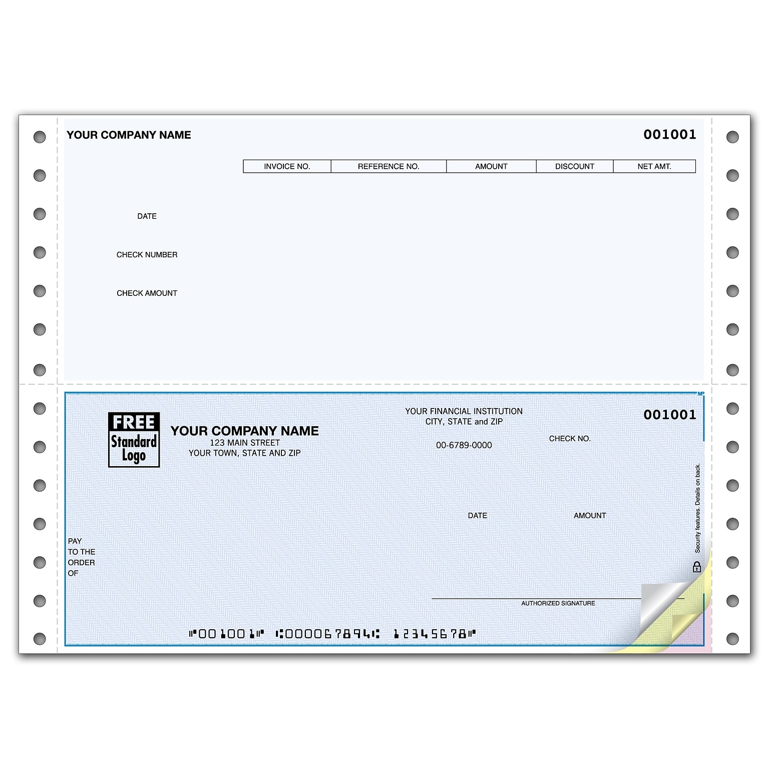Custom Continuous Bottom Accounts Payable Check, 3 Ply/Triplicate, 1 Color Printing, Standard Check Color, 9-1/2 x 7, 500/Pk