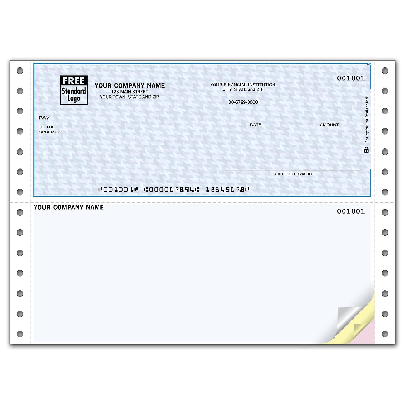Custom Continuous Top Check, Compatible with MYOB, 3 Ply/Triplicate, 1 Color Printing, Standard Check Color, 9-1/2 x 7, 500/Pk
