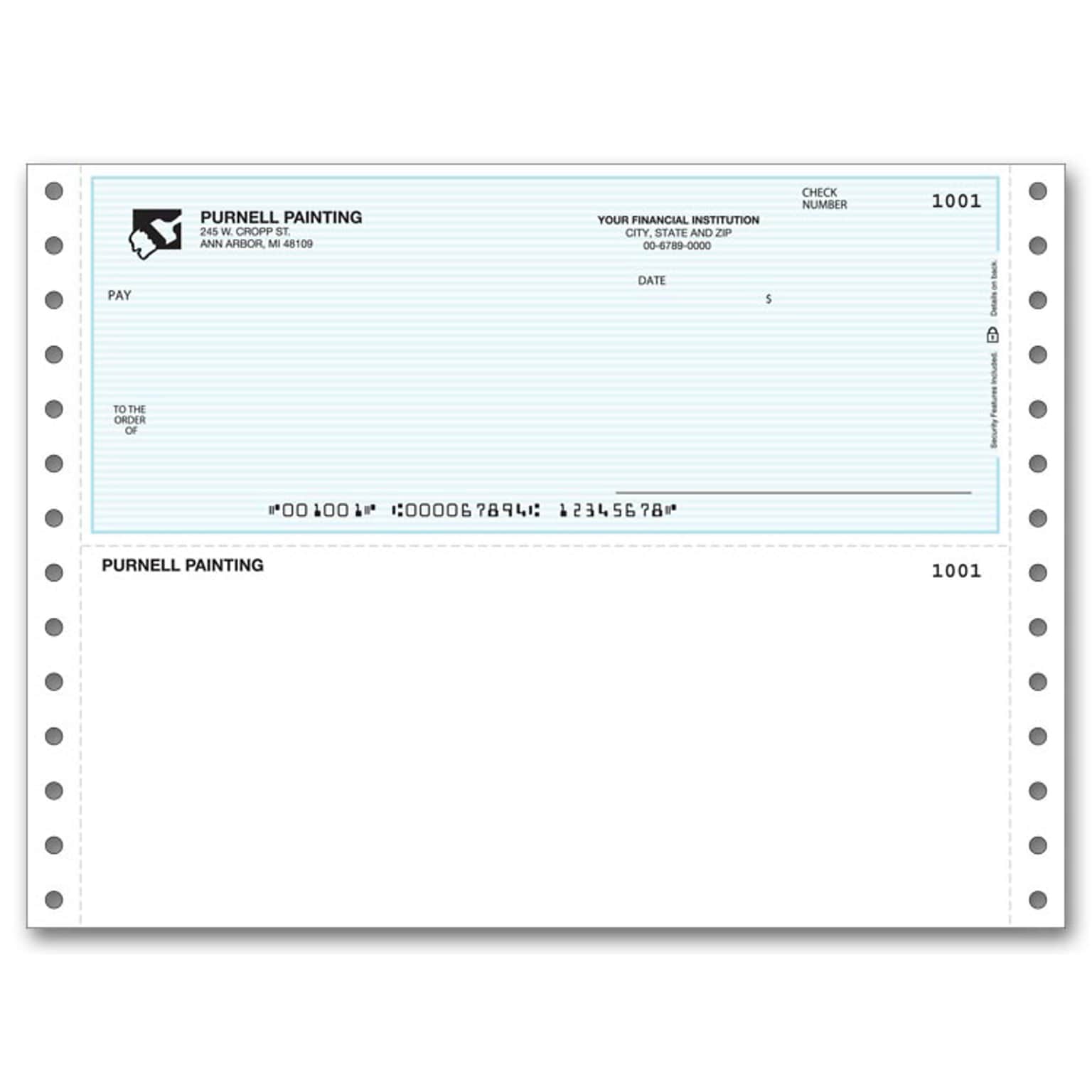 Custom Continuous Top Multi-Purpose Check, 1 Ply, 1 Color Printing, Standard Check Color, 9-1/2 x 7, 500/Pk