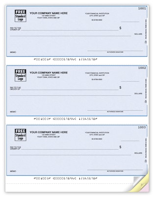 Custom 3-To-A-Page Laser Checks, Unlined, 3 Ply/Triplicate, 1 Color Printing, Standard Check Color,