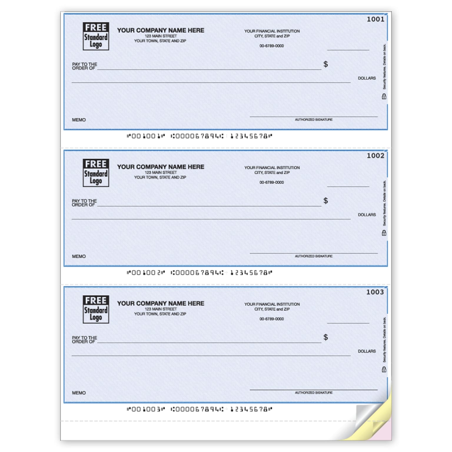 Custom 3-To-A-Page Laser Checks, Unlined, 3 Ply/Triplicate, 1 Color Printing, Standard Check Color, 8-1/2 x 11, 300/Pack