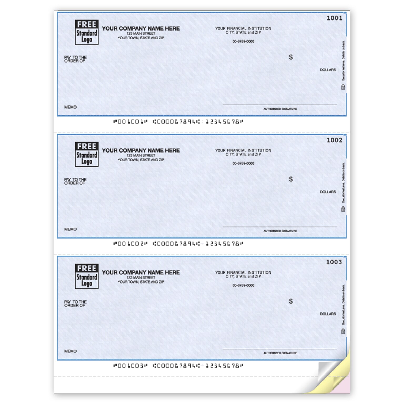 Custom 3-To-A-Page Laser Checks, Unlined, 3 Ply/Triplicate, 1 Color Printing, Premium Check Design, 8-1/2 x 11, 300/Pack