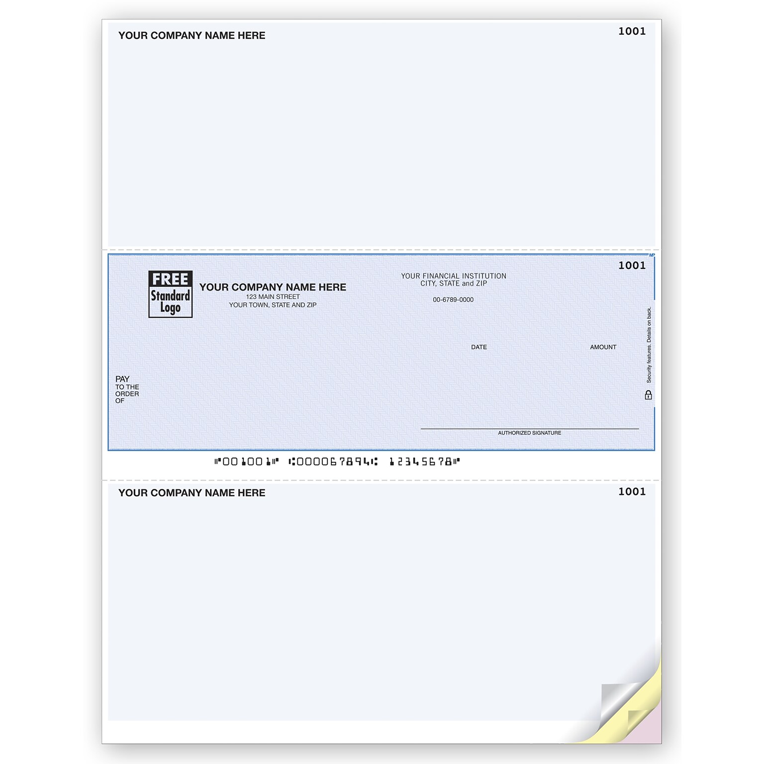 Custom Laser Middle Check, 3 Ply/Triplicate, 2 Color Printing, Prem Check Designs, 8-1/2 x 11, 500/Pk