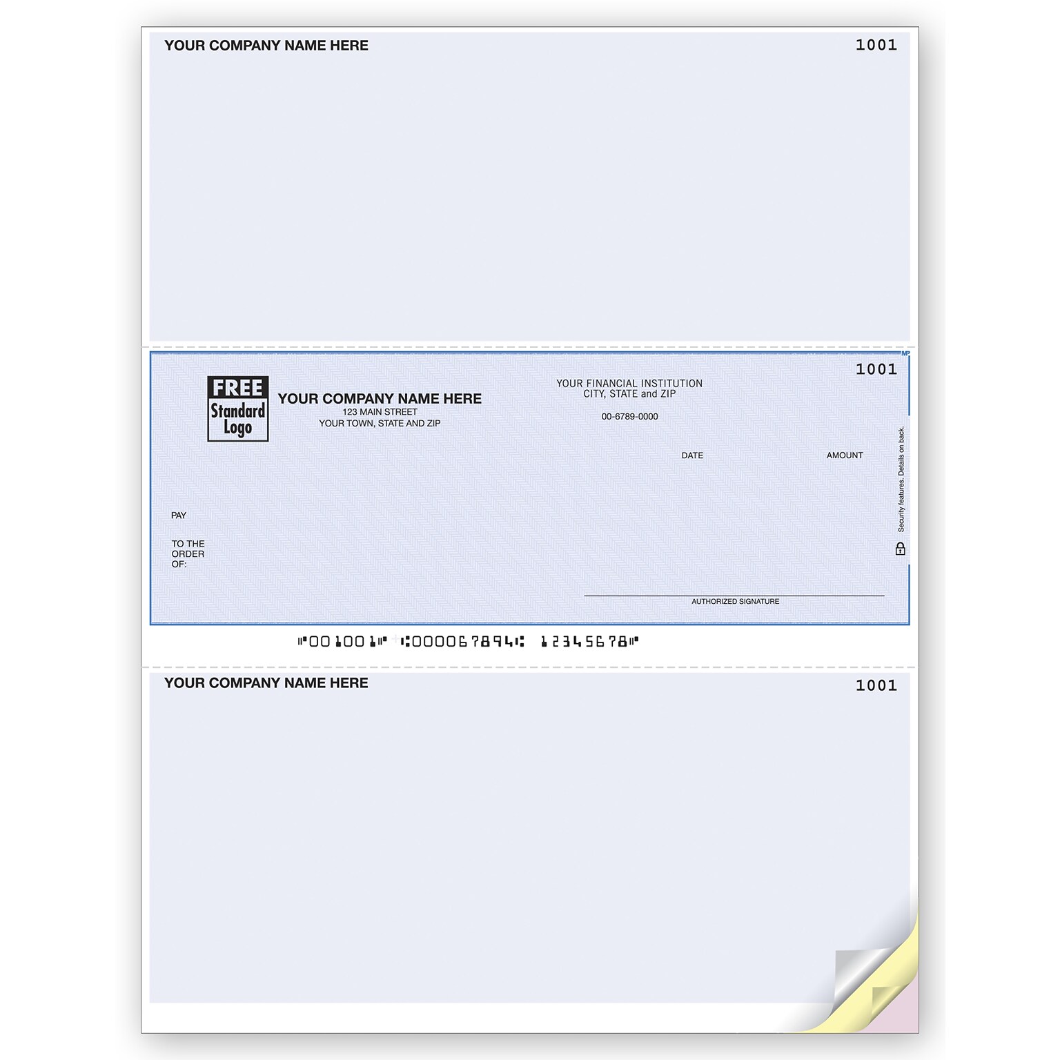 Custom Laser Middle Check, Cmptble with Sage50, 3 Ply/Triplicate, 2 Color Printing, Standard Check Color, 8-1/2 x 11, 500/Pk