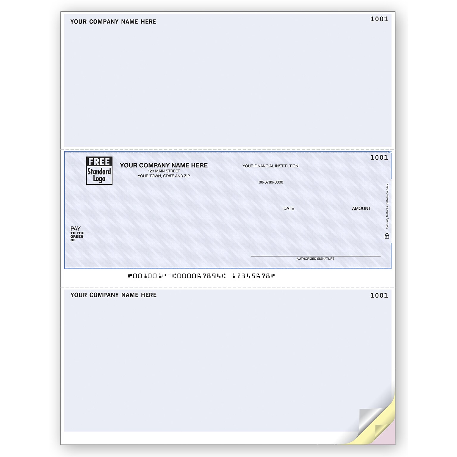 Custom Laser Middle Multi-Purpose Check, 3 Ply/Triplicate, 1 Color Printing, Standard Check Color, 8-1/2 x 11, 500/Pk