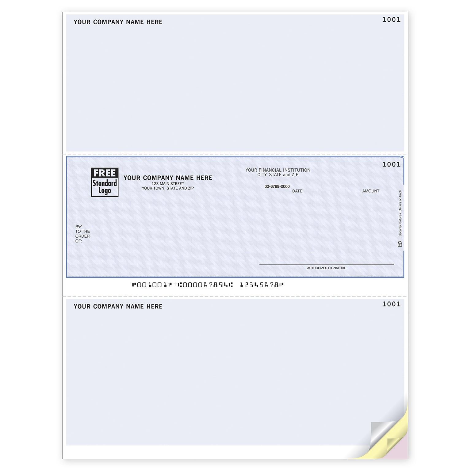 Custom Laser Middle Check, Multi-Purpose, 3 Ply/Triplicate, 1 Color Printing, Prem Check Designs, 8-1/2 x 11, 500/Pk