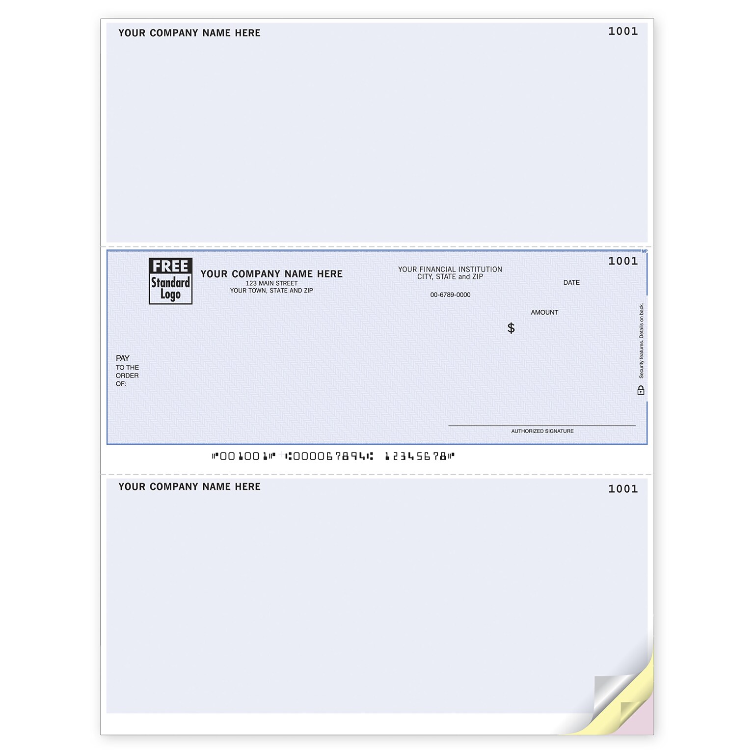 Custom Laser Middle Check, 3 Ply/Triplicate, 1 Color Printing, Prem Check Designs, 8-1/2 x 11, 500/Pk