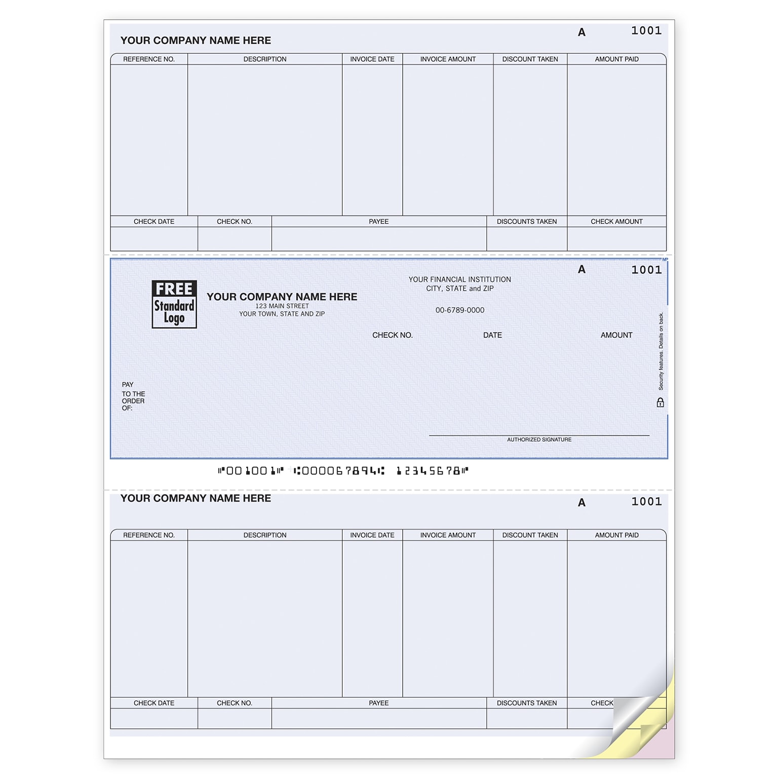 Custom Laser Middle Accounts Payable Check, 3 Ply/Triplicate, 2 Color Printing, Standard Check Color, 8-1/2 x 11, 500/Pk