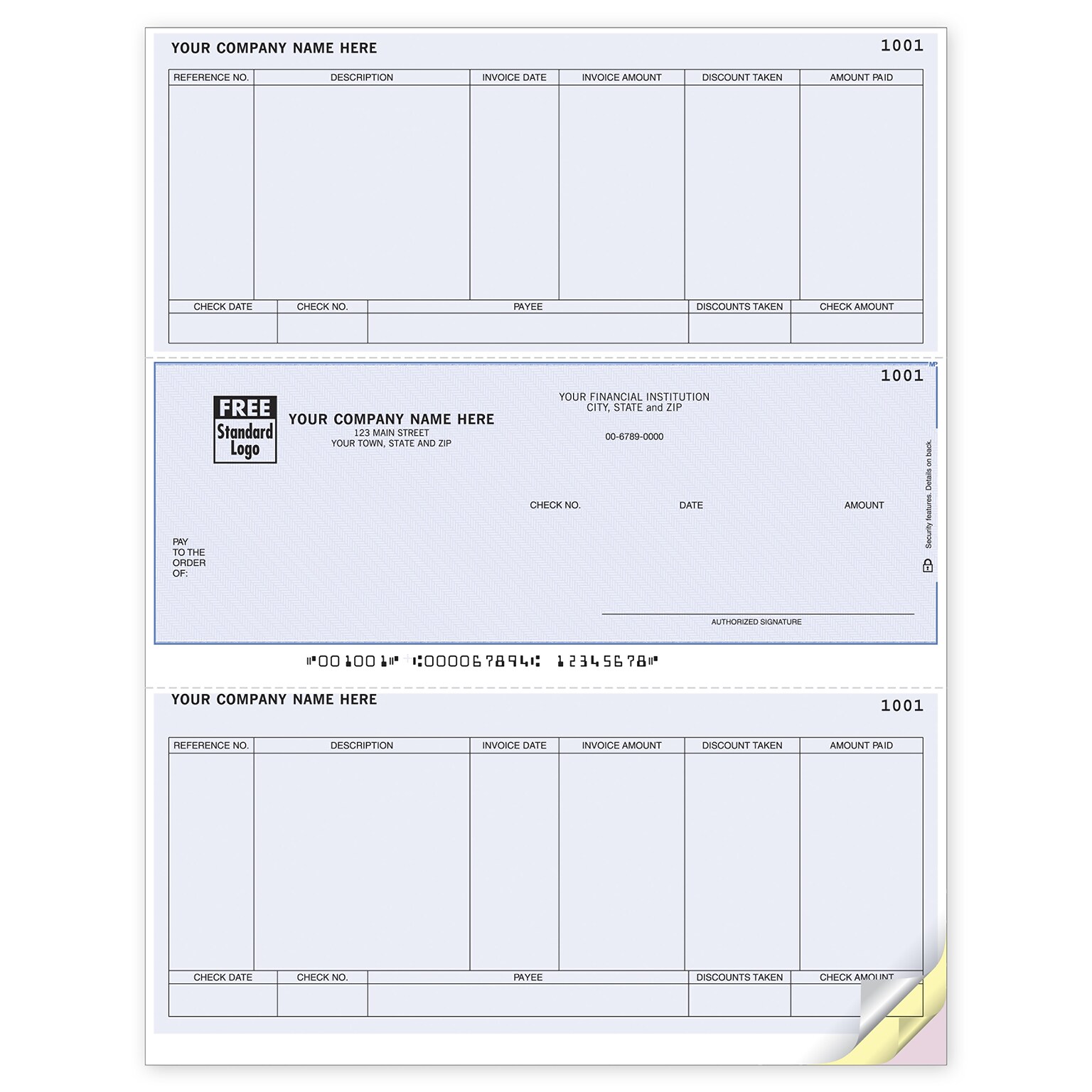 Custom Laser Middle Check, Accounts Payable, 3 Ply/Triplicate, 2 Color Printing, Standard Check Color, 8-1/2 x 11, 500/Pk
