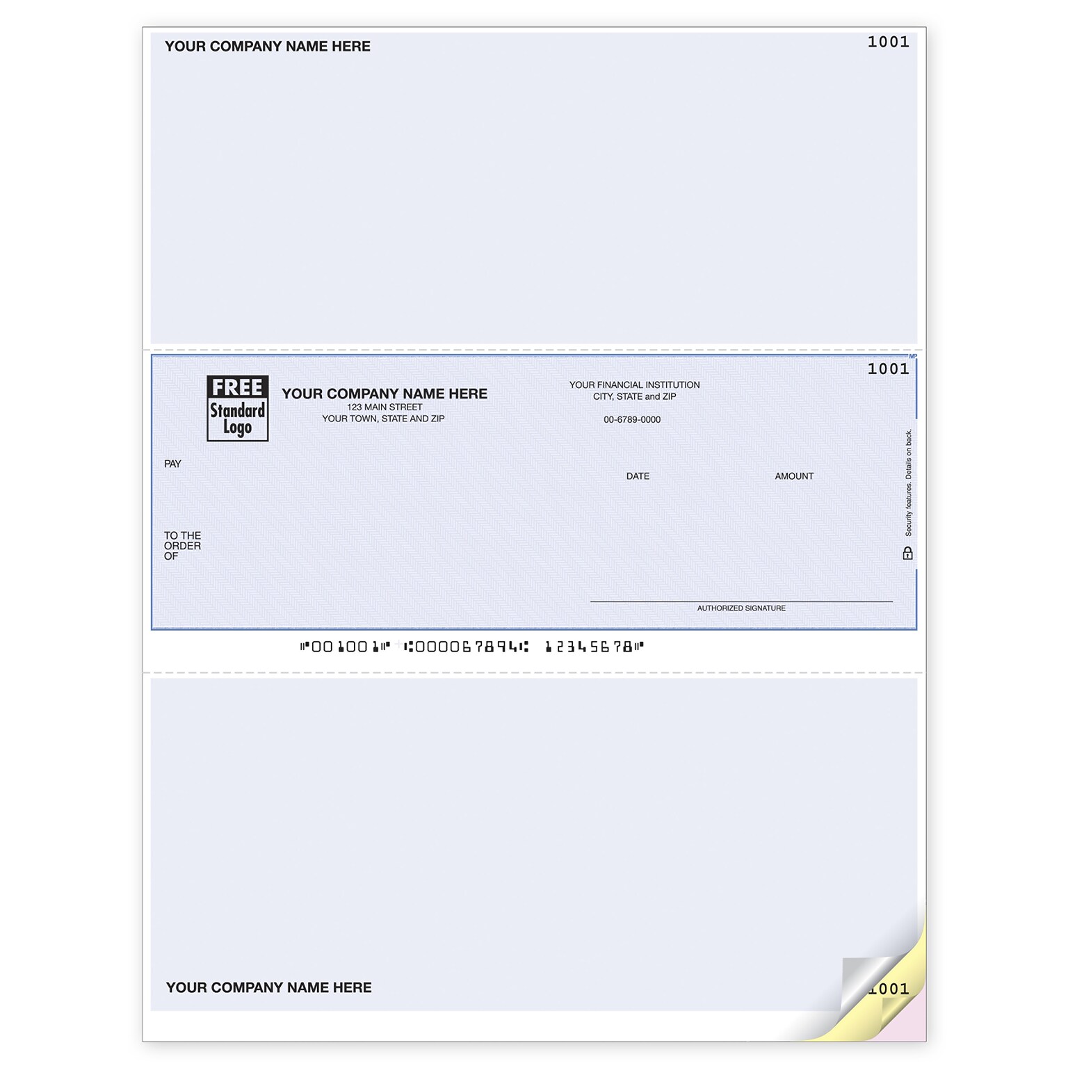 Custom Laser Middle Check, One Write Plus Cmptble, 3 Ply/Triplicate, 2 Color Printing, Prem Check Designs, 8-1/2 x 11, 500/Pk