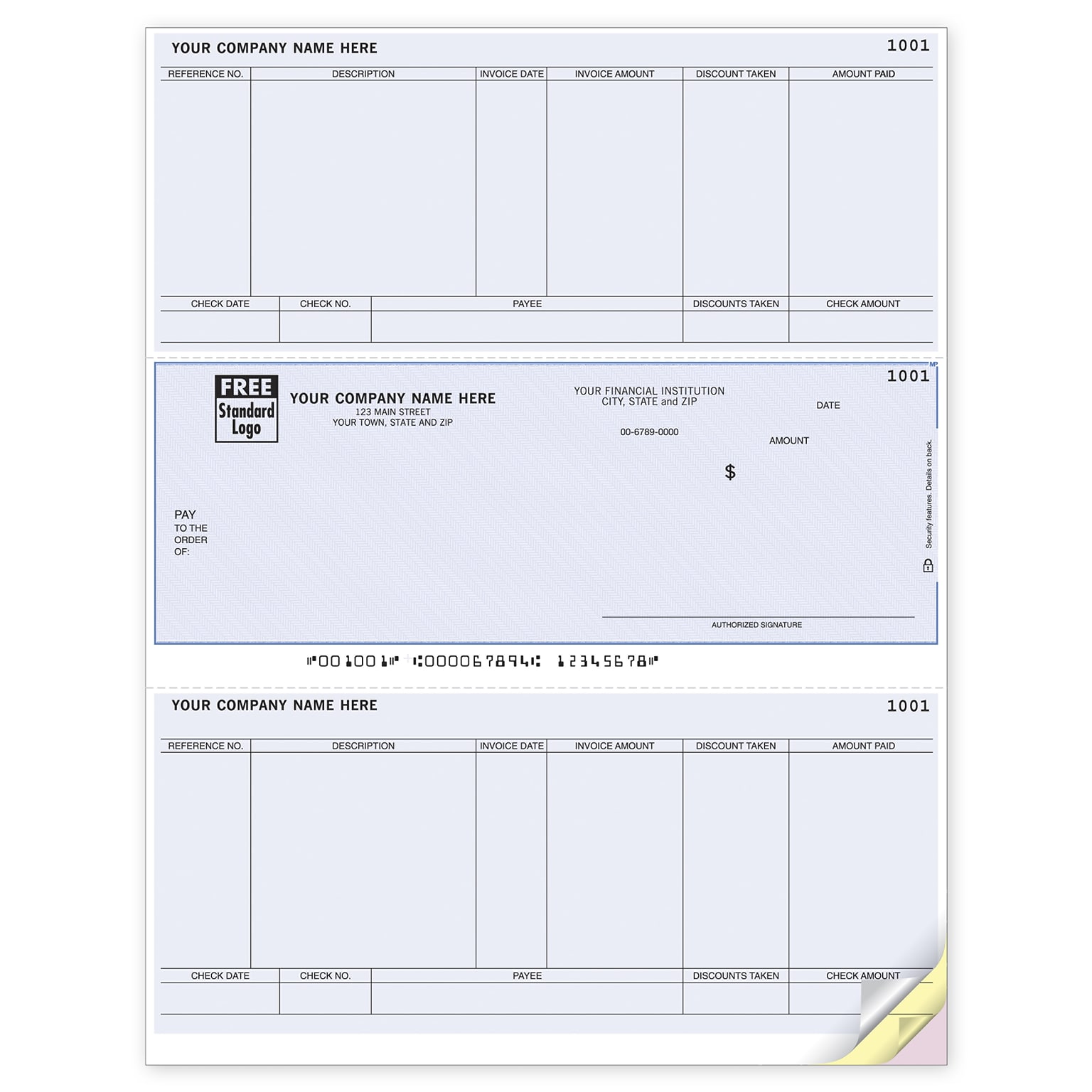 Custom Laser Middle Check, Accounts Payable, 3 Ply/Triplicate, 2 Color Printing, Standard Check Color, 8-1/2 x 11, 500/Pk