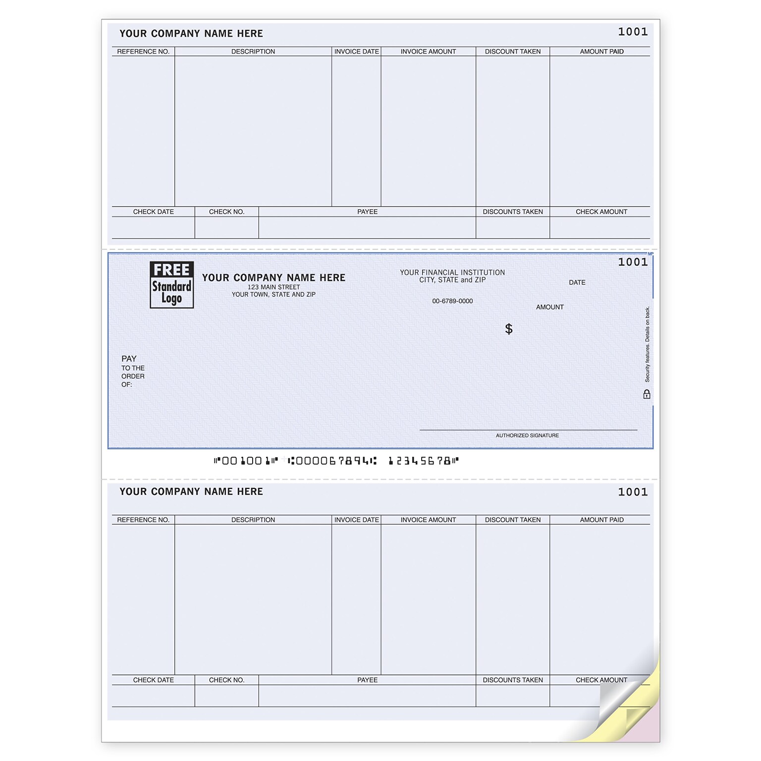 Custom Laser Middle Check, Accounts Payable, 3 Ply/Triplicate, 2 Color Printing, Standard Check Color, 8-1/2 x 11, 500/Pk